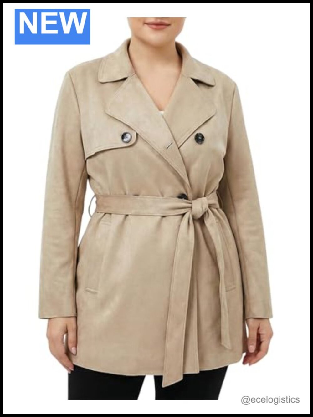 Faux Suede Trench Coat Women Short Double-Breasted Notch Collar Belted